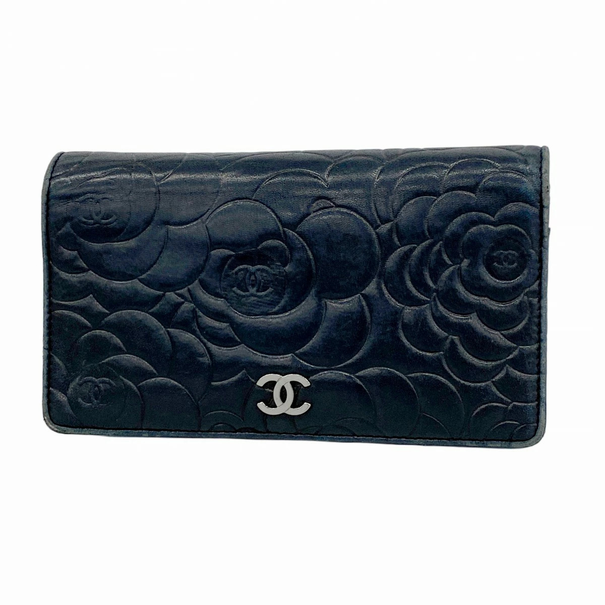 CHANEL Lambskin Long Wallet Black w Silver Hardware Camellia Design Pre-Owned