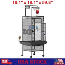 60" Wrought Iron Bird Cage Rolling Large Parrot Cage W/Play Top  4 Bowls