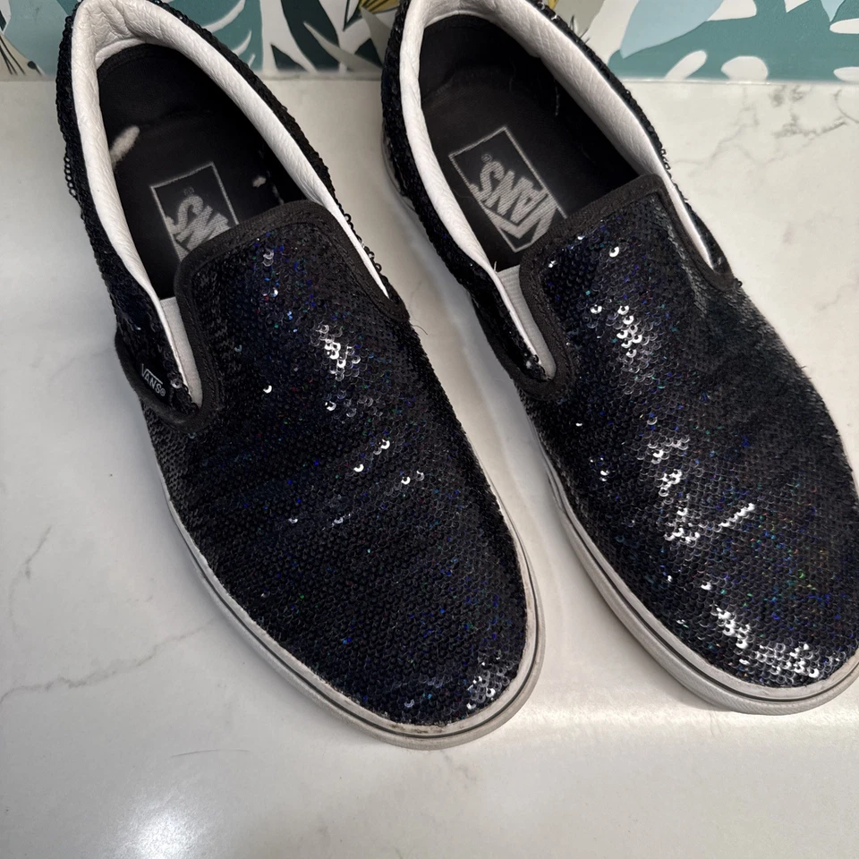 VANS Negro Lentejuelas Sin Cordones Patinaje Informal Zapatos Tenis Para Mujer 7.5 Foto 2 de 4