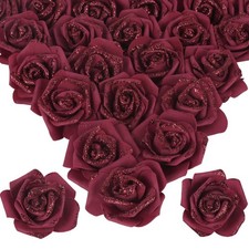 100 Pcs Burgundy Glitter Roses 2.56 Inch Foam Artificial Flower Wedding Decor