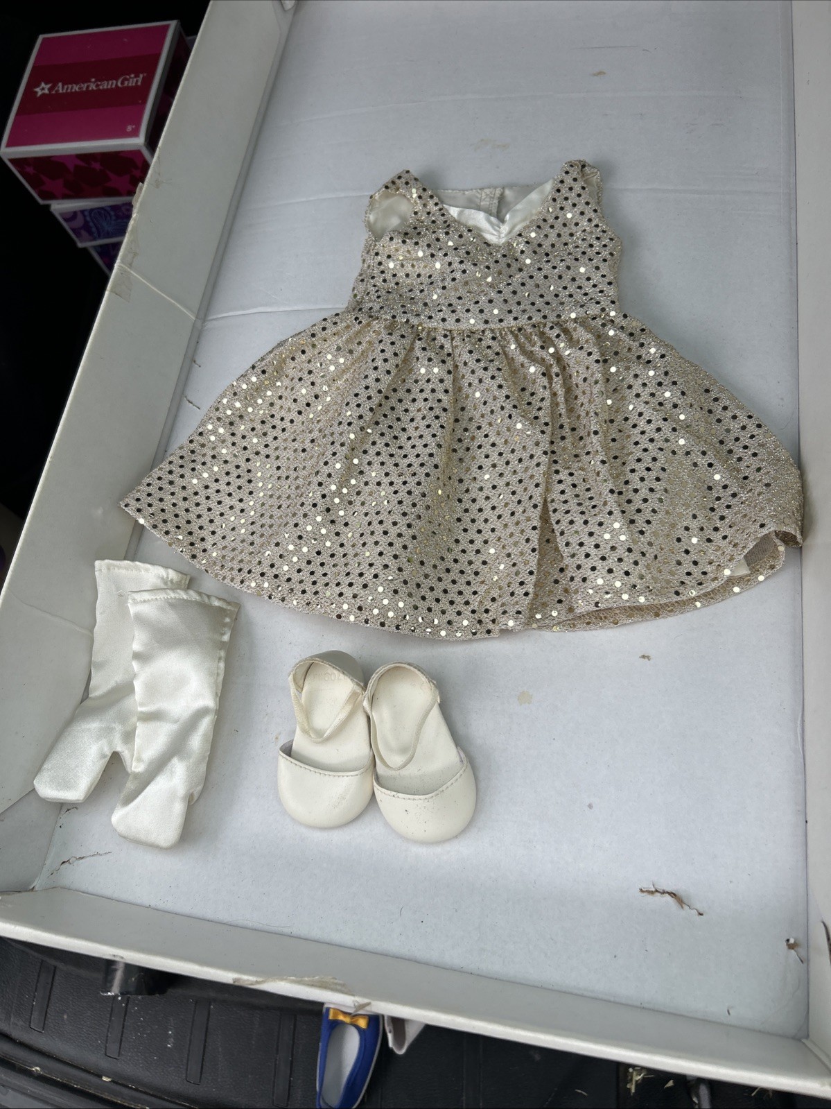 American Girl Doll 2009 Dancing Star Outfit with Gold Sequin Dress Gloves and Shoes