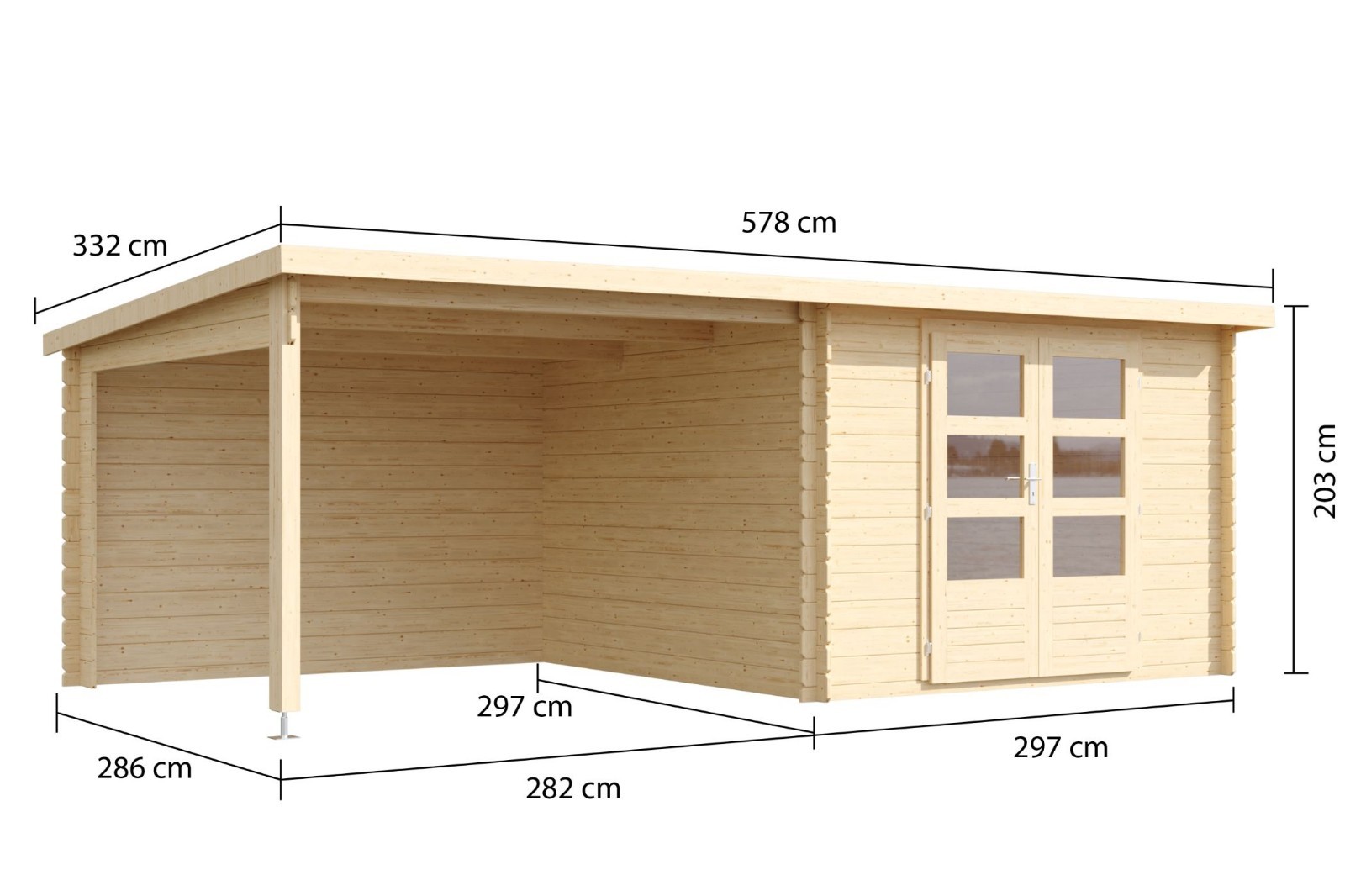 Gartenhaus Holz 28mm mit Anbau ORLANDO naturbelassen 578 x 332 cm +AKTION+