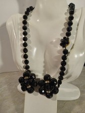 Vintage Black Glass Faceted Bead Necklace Cluster Clip On Earrings Set