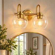 Brushed Gold Wall Sconce   Clear Glass Globe Bathroom Vanity Light