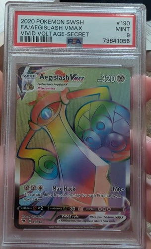 Pokémon TCG Aegislash VMAX Rainbow Secret Rare Card 190/185 Vivid Voltage PSA 9