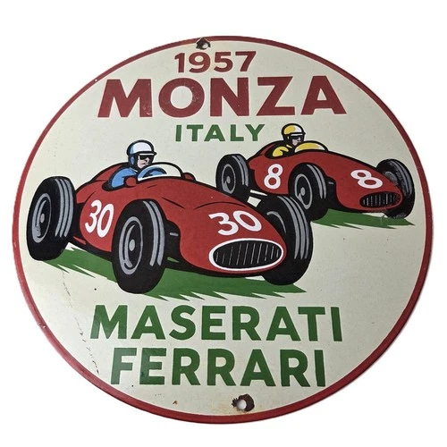 Vintage Ferrari Sign - Maserati Monza Sales Service Dealer Gas Porcelain Sign
