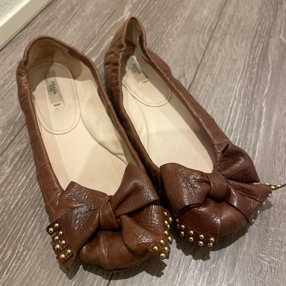 PRADA Women's Pumps Ribbon Flats Size:38/JP:24 Leather Brown 135143K Authentic