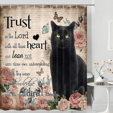 JAWO Funny Cat Shower Curtain, Black Cat with Cute Rose Floral Shower Curtains f