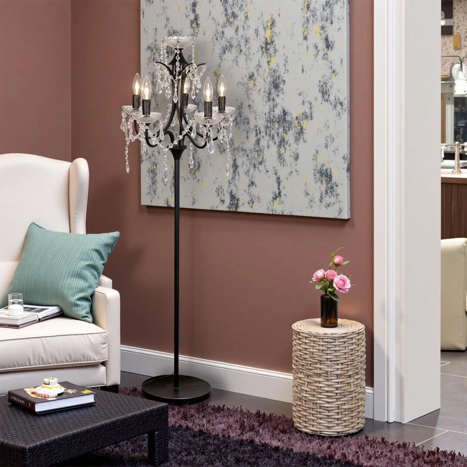 Lámpara de pie moderna de cristal de 5 luces con acabado negro, regulable, emparejada con foo... Foto 4 de 4