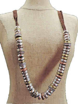 Fossil Multi Tone Pave Crystal Leather Necklace New! NWT