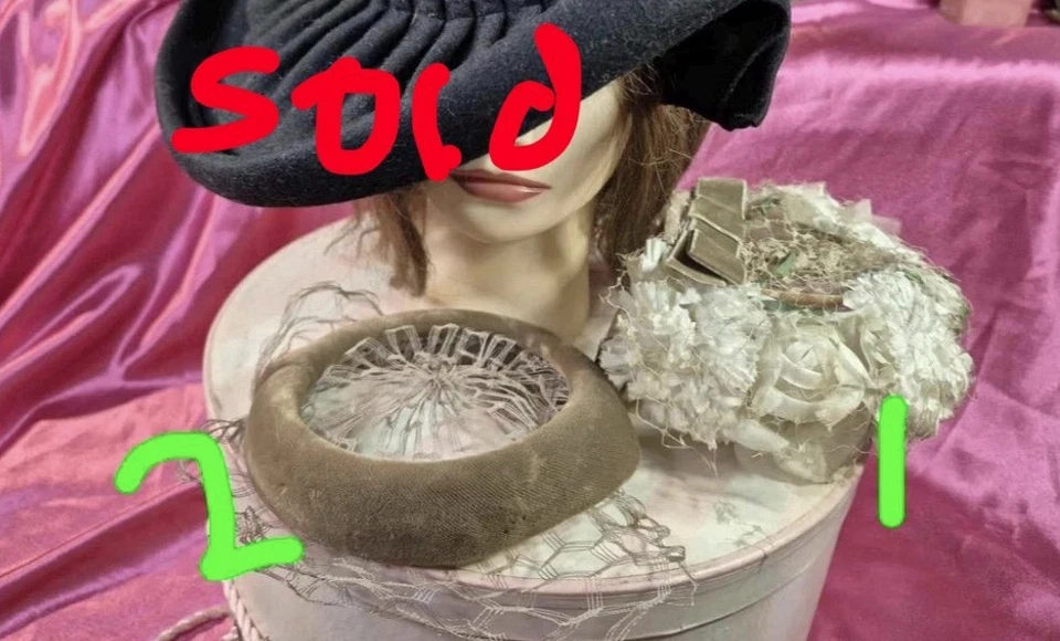 Vintage Hats - Halo Pillbox Hat, Floral Wedding Fascinator, & Black Wide Brim - Image 2 of 4