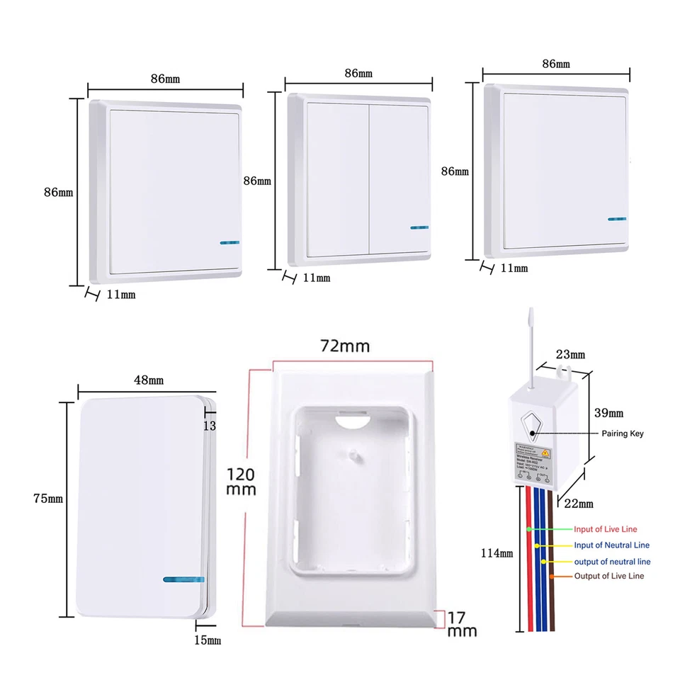 1/2/3 Gang Wireless Light Switch with Receiver for Lamp ON/OFF Remote Control US - Image 2 of 4
