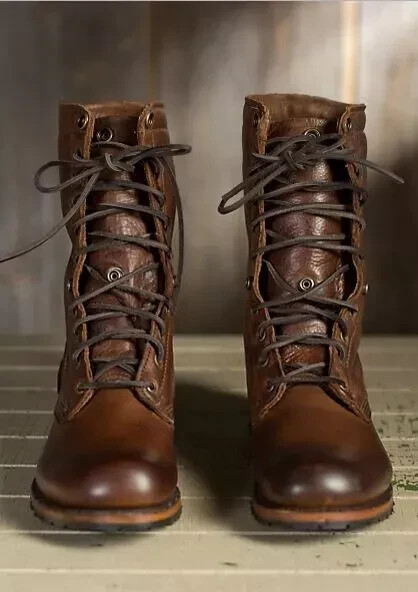 Handmade Military Combat Boots Brown Leather High Ankle Lace Up Shoes
