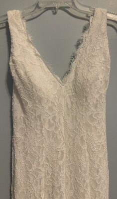 David Bridal DB STUDIO Allover Lace V-Neck Sheath White Wedding Dress Size  4 | eBay
