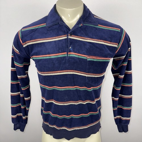 Vintage 60s 70s Campus Shirt Velour Skate Surf Striped Hipster Disco Mens Medium - Picture 2 of 17