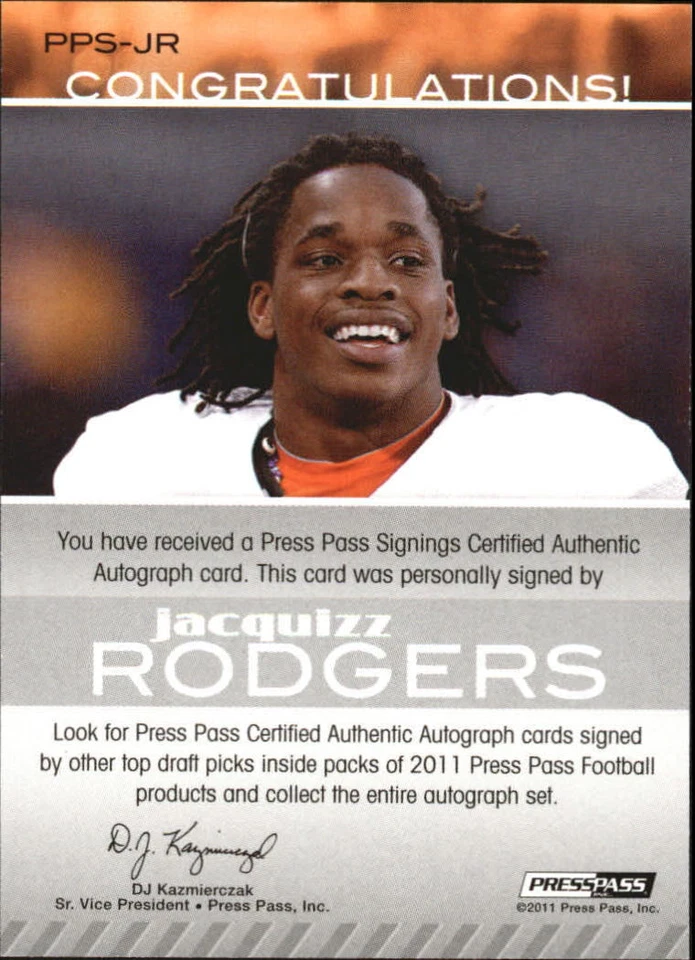 A9092- 2011 Press Pass Autographs Bronze #PPSJR Jacquizz Rodgers Auto - NM-MT - Image 2 of 2