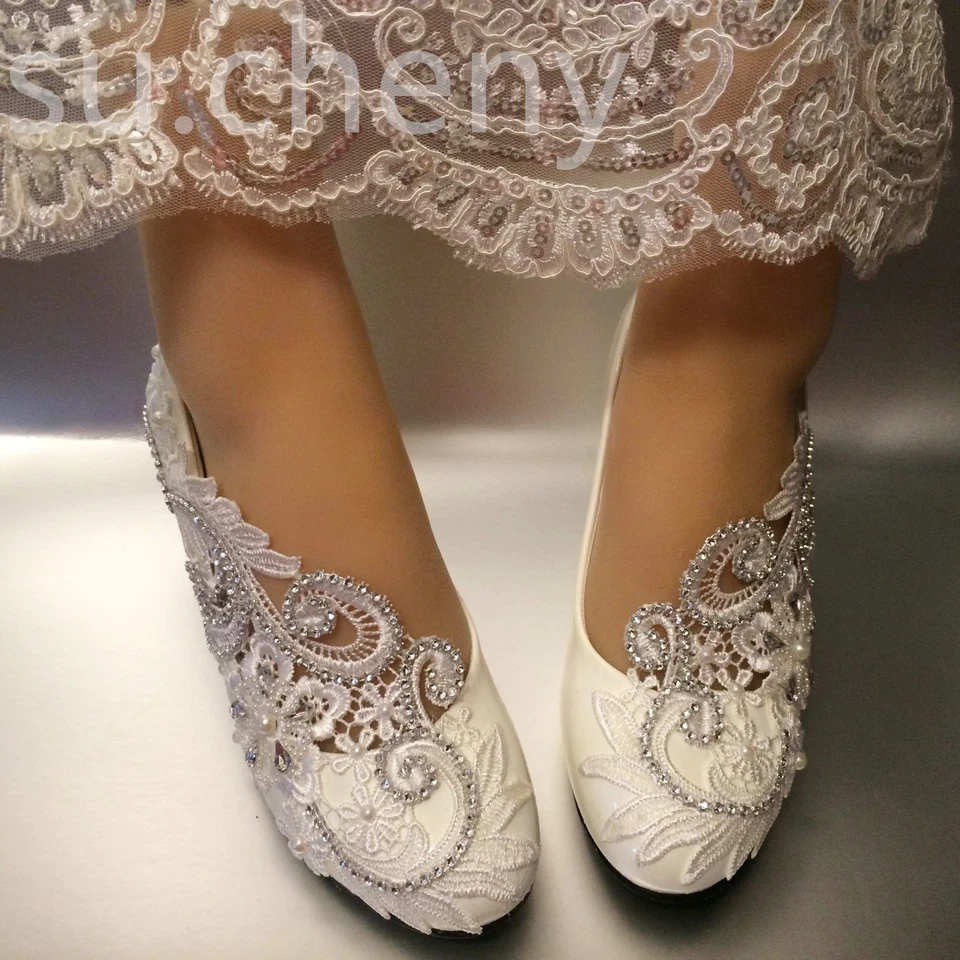 su.cheny White ivory wedge pearls lace crystal Wedding Bridal heels pumps shoes - Image 3 of 4