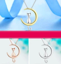 Women Sterling silver Moon Cat Love pendant necklace 18" Chain Gift box S1