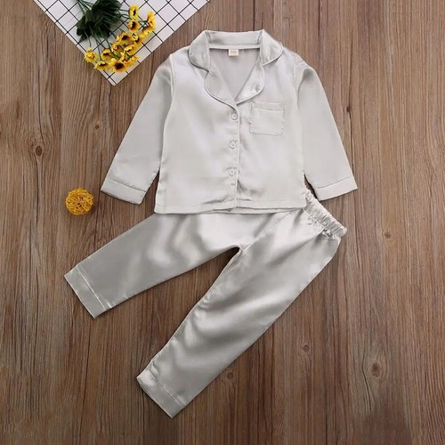 Kids Girls Boys Silk Pyjamas Long Sleeve Satin PJs Sets Nightwear Sleepwear - Picture 30 of 31