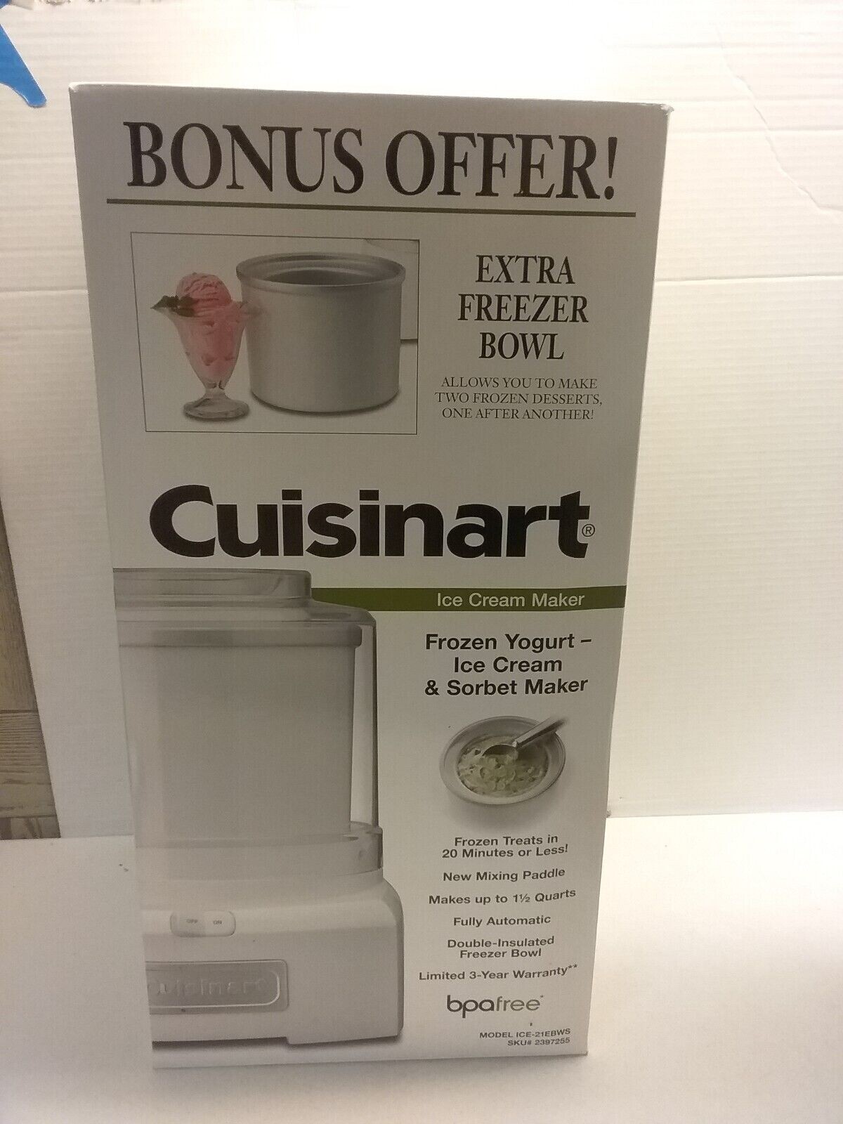 CUISINART ICE CREAM MAKER WITH EXTRA FREEZER BOWL ICE21EBWS 1.5QT OPEN