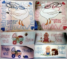 Sugar Spice Pink Frogs Snails Blue Mother Goose Sampler CROSS STITCH PATTERNS