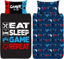 Gamer Single Duvet Cover Eat Game Repeat Gaming Controller Design Reversible