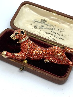 Wunderschöne rote und goldene Art Deco Stil Leopard/Gepard Emaille Brosche - Brandneu