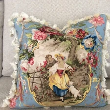Richloom Fragonard Pillow Cameo French Country Toile Cornflower Blue Small Check