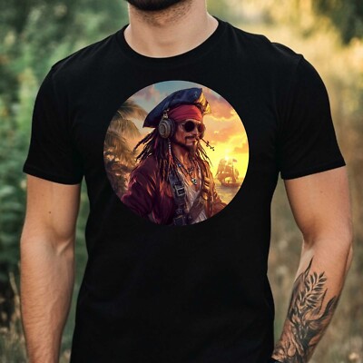 Mens Pirate With Headphones Print Cotton T-Shirt Size XS to 5XL