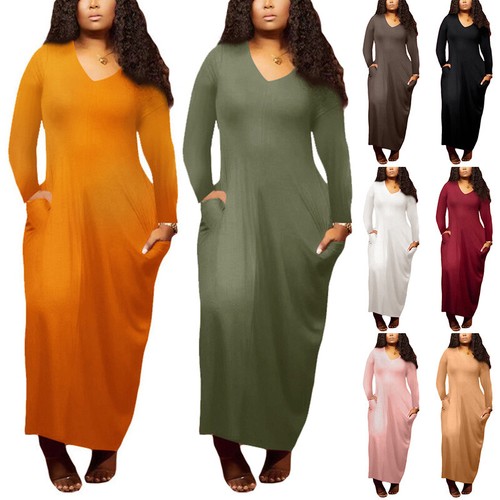 Womens V Neck Long Sleeve Maxi Dress 
