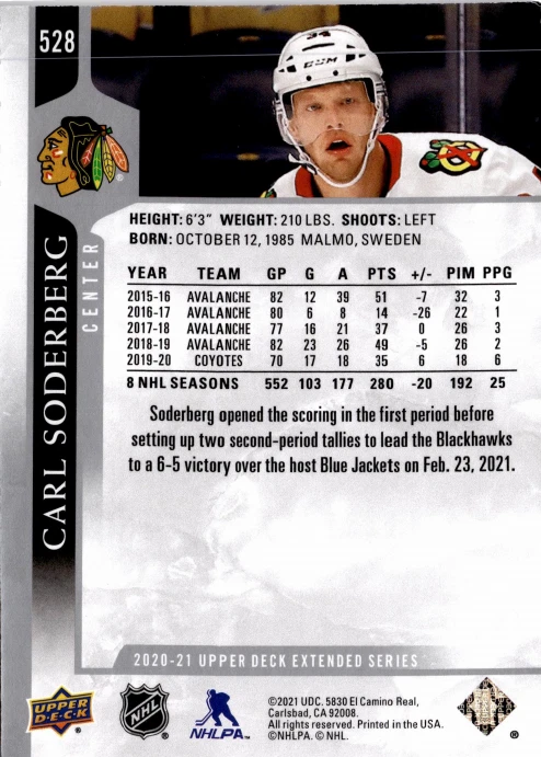 5 CARD LOT - 2020-21 Upper Deck Extended Series - Carl Soderberg #528 - Image 2 of 2