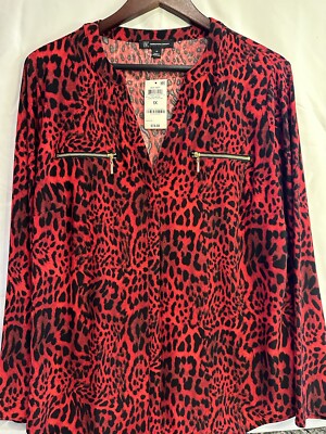 NWT- INC Red Hot Chantal Cheetah Blouse, Women s 1X, Vibrant Red & Cheetah