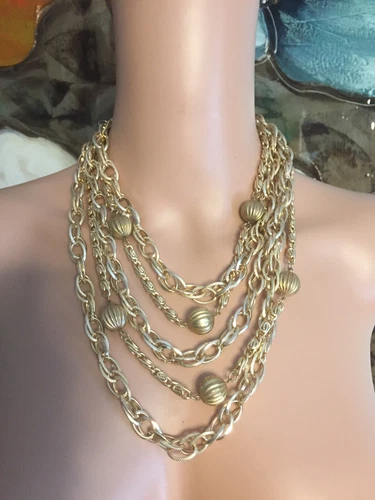 Vintage Choker Necklace GoldTone Multi Strand Costume Jewelry Chains Ball Accent