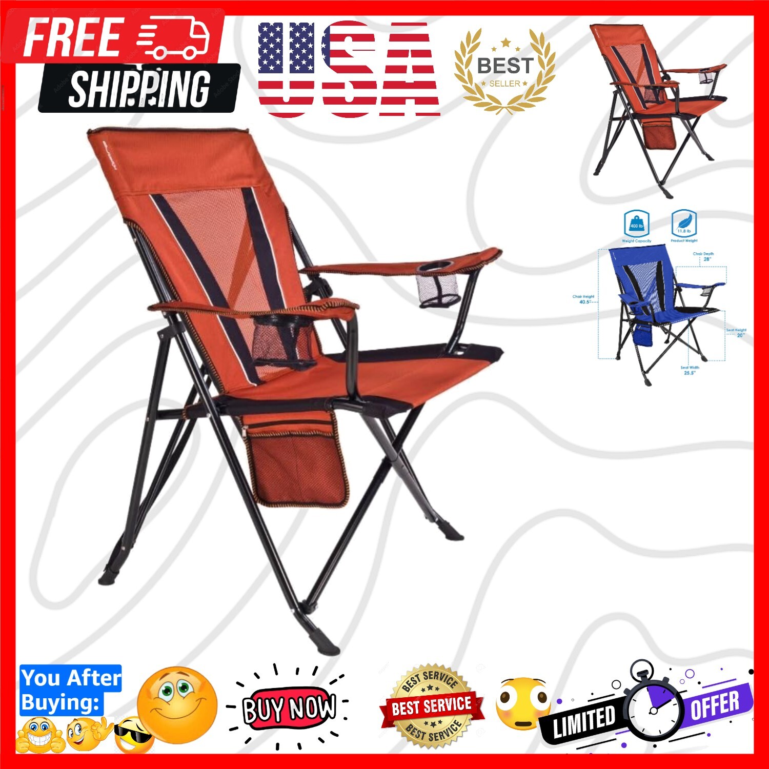 Luxury XXL Dual Lock Folding Chair - Supports 400lbs, Perfect for Camping