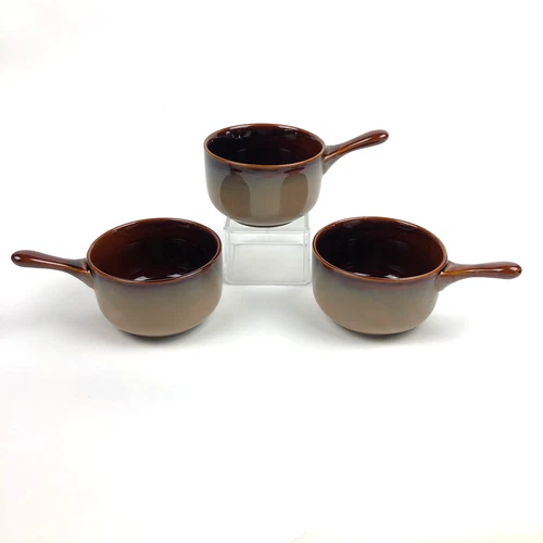 Sango Nova Brown Onion Soup Bowls Set of 3 – Handles – Stoneware Mugs