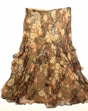 VTG 90s Lauren Ralph Lauren BROWN Leaf Tiered Ruffle Skirt SILK WM LG EUC