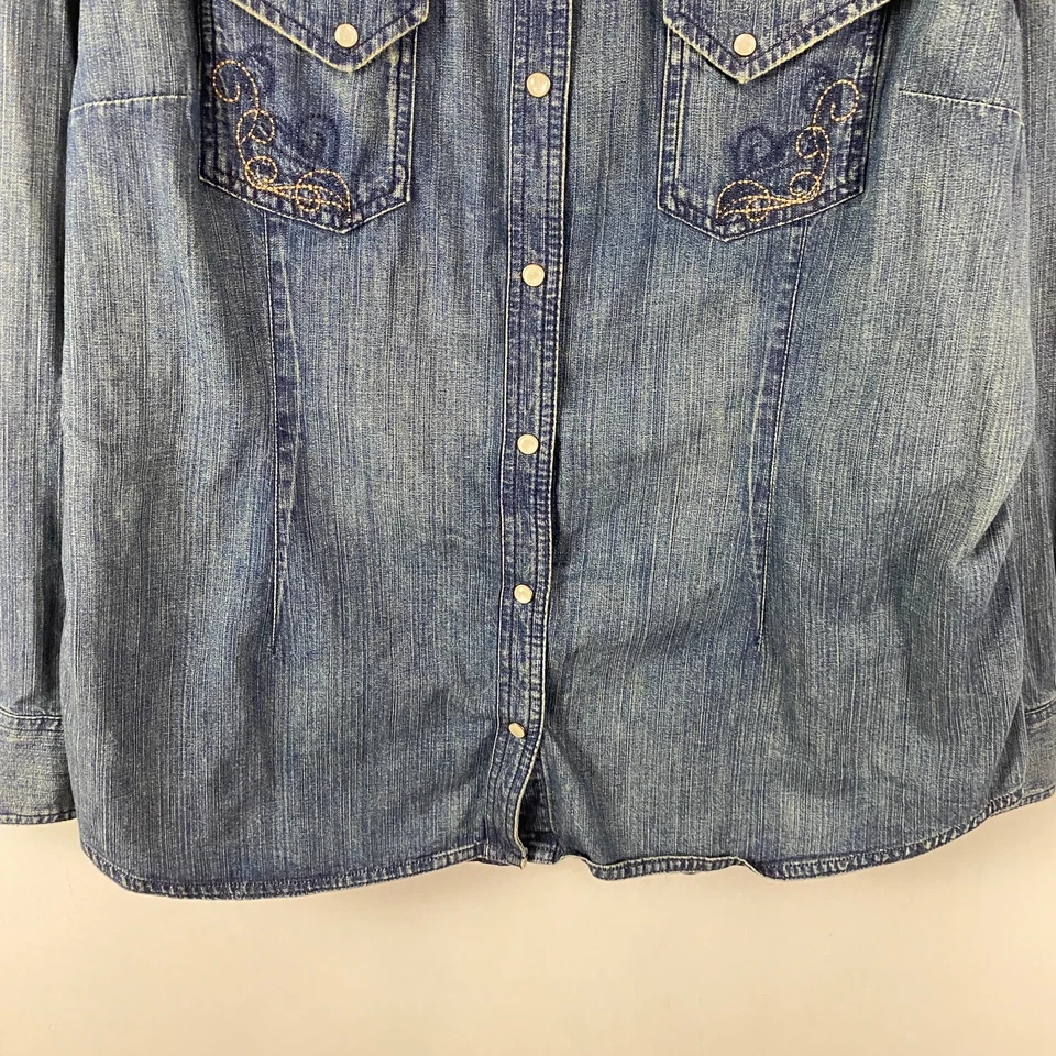 Camisa Eddie Bauer Denim Perla Bordada a Presión Para Mujer 2XL Western Manga Larga Foto 3 de 4