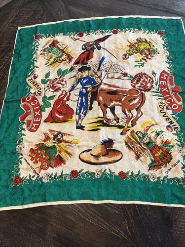 Vtg Mexico Souvenir Scarf 33” Scarf Matador Bullfight Folk Art Square Wall Art