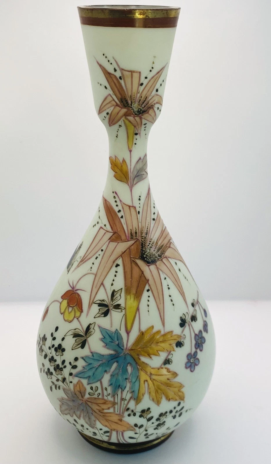 Victorian Bristol Hand Blown Opaline Glass Bottle Vase Hand Painted Flowers