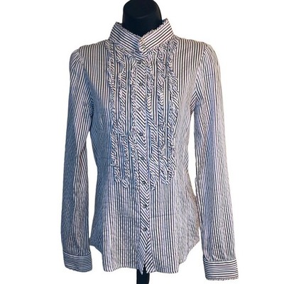 Sisley Italy Ruffle Button Up Shirt Long Sleeve White Purple Stripe Fitted XS