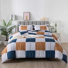 Caressma Plaid Checkered Comforter Set Navy Blue Gray Fluffy Brown Geometric Gri