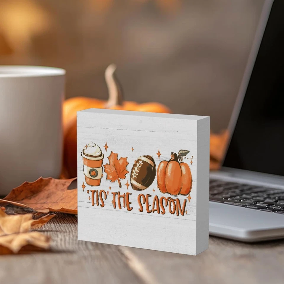 Letrero de caja de madera de calabaza rústico Tis' the Season, decoración retro de obras de arte de otoño de granja Foto 4 de 4