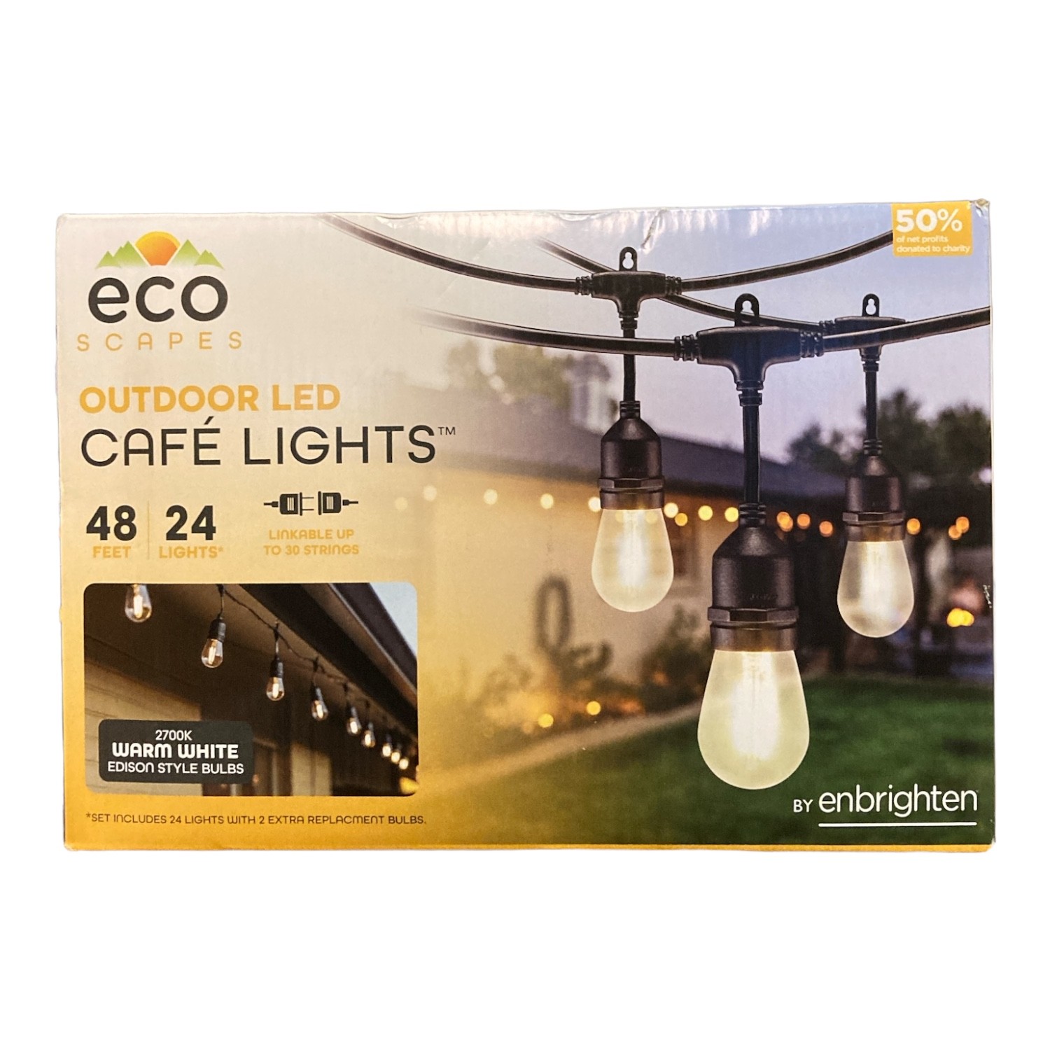 Уличное кафе Ecoscapes by Enbrighten с теплыми белыми гирляндами, 48, 24 лампочки