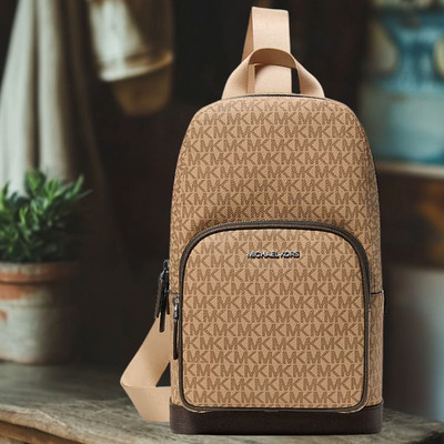 Michael Kors Cooper Men MK Logo Print Canvas Crossbody Sling Pack Bag Camel