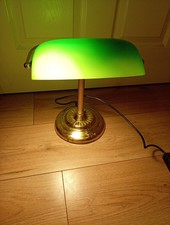 Brass Bankers Desk Lamp 13inch with Green Glass Shade Vintage, Fully Functional