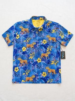 Birdie Bound Mens 2XL Golf Polo Shirt Blue Jungle Leopard Tropical Floral NWT