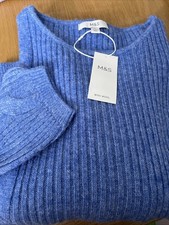 LADIES MARKS & SPENCER CORNFLOWER BLUE RIBBED AND CABLE JUMPER WITH WOOL SIZE XL
