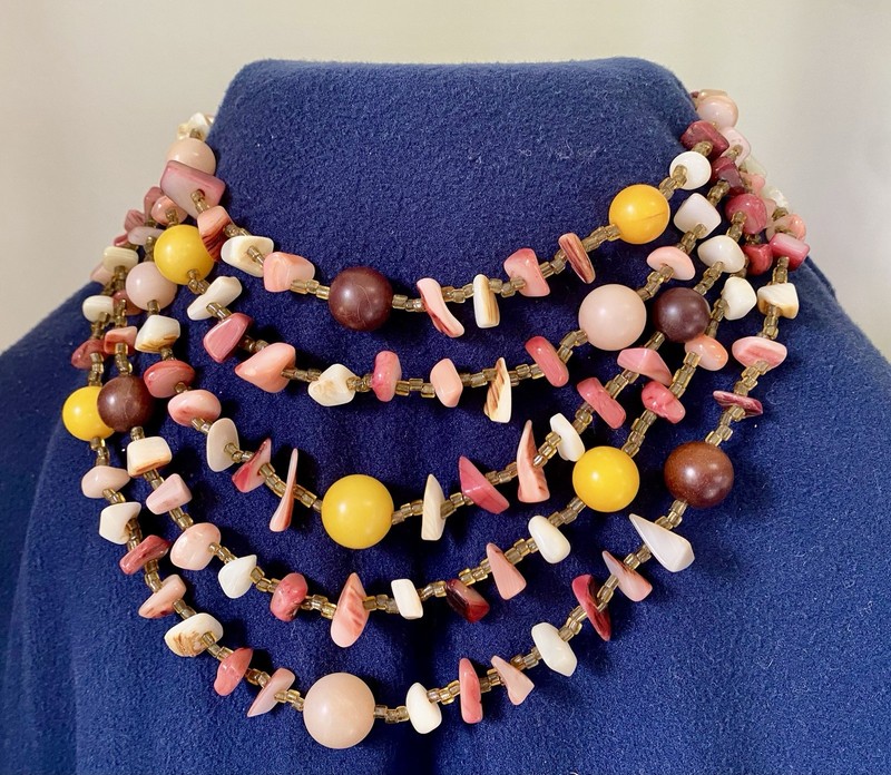 1950-1960 Vintage JAPAN 5-Strand multicolor polished stones Bead Necklace