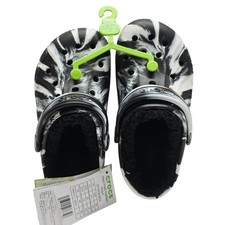 Crocs Baya Lined Marbled Clog Kids Size 12 Black White New Fuzzy Warm Slip On
