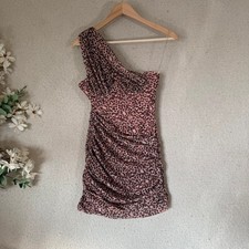 House of CB Size M Pink Leopard Print Ruched One-Shoulder Mini Dress